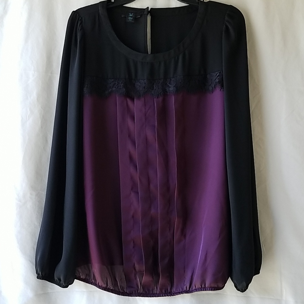 NWT Purple/Black Lace Pleated Long Sleeve Blouse